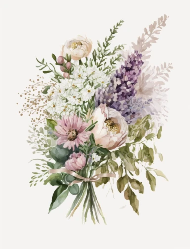 beautiful flowers, floral bouquet, thin, calming, peaceful, harmony, elegant, rustic clipart, white background, no text,