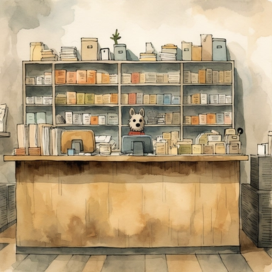 on concrete, old, worn reception desk, stacks of dog food bags, no receptionist, watercolor, and ink drawing, clipart, beautiful watercolor ink wash coloring, thick pencil lines, Jon klassen, Adrian tomine, popular on etsy, watercolor illustrations clipart, watercolor illustrations for kids