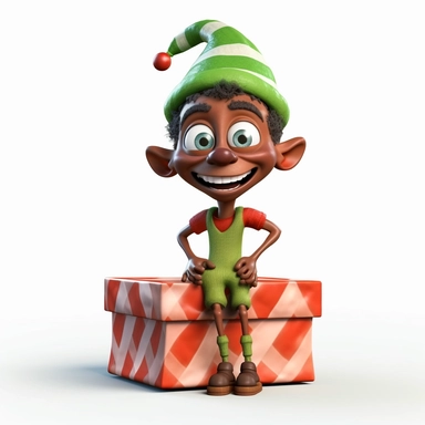 clipart of a crazy dark skinned christmas elf standing on a christmas present, there is a funny face on it, cartoon, for kids, funny, pixar, 8k, white background, sharp focus, detailed,