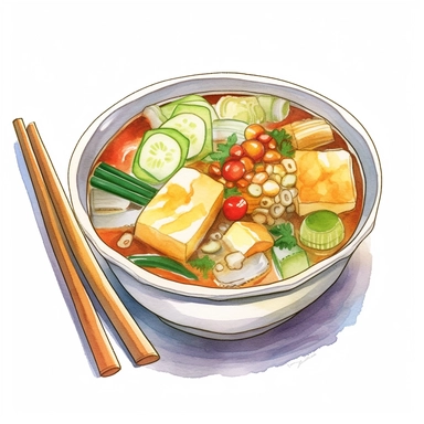 Lontong Sayur (Rice Cake with Vegetables in Coconut Soup) logo watercolor,simple Watercolor, hyper realistic, white background, white margins, 16k, ultra detailed clipart, cut out image, hand - drawn, whimsical manhwa style, ultra HD, sharp and clean art