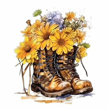 honeybee and Bumblebee, Bumblebee, Bumblebee, flower bouquet in an old dirty work boots, highly detailed, acrylic paint, 16k, realistic, isolated on a white background, clipart