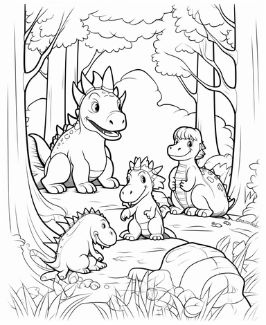 coloring page for 3 year old kids, cute and simple clipart of dinosaurs in forest background, friendly expressions and poses, minimalistic aesthetic, simple line art, simple detail, crisp and bold lines, continuous line drawing, black and white only, no shading, no fill, no grayscale, white background