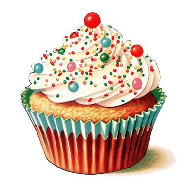 vintage Christmas cupcake clipart, with frosting, sprinkles, candy, m’n’ms, 1940s , chromolithograph, on a white background