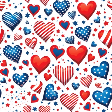 Cartoonish 4th of July celebrations, Cartoon American Flag, hearts, vector, white background, clipart,Seamless patterns, repeating patterns design, flat illustration, Vector, 4K, Art station, digital print, highly detailed clean, A detailed illustration a field,3D vector art, cute and quirky, fantasy art, watercolor effect, bokeh, Adobe Illustrator, hand-drawn, digital painting, low-poly, soft lighting, bird's-eye view, isometric style, retro aesthetic, focused on the character, 4K resolution,ve