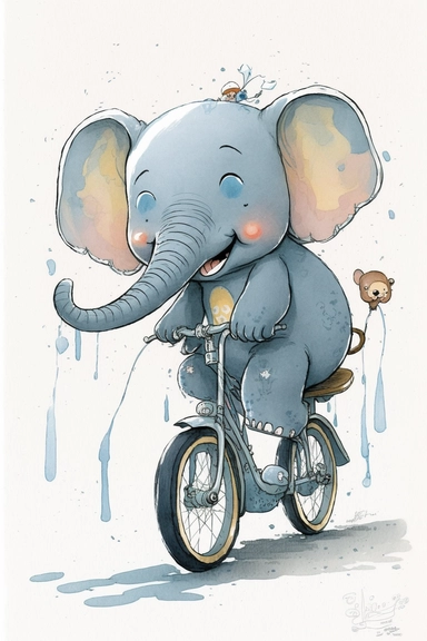 a very cute and happy smiling baby elephant with big eyes riding a bike going on a picnic, Atmosphere: a playful scene that is sure to bring joy to any child's bedroom or nursery, by Mo Willems+Anton Pieck+Atey Ghailan+Richard Scarry+Ashley Wood+James Jean, cartoon, watercolor splashes, Disney Pixar style, pastel colors, as in a children's book, clipart, hd, 16k, 4k, isolated on a white background, white margins,