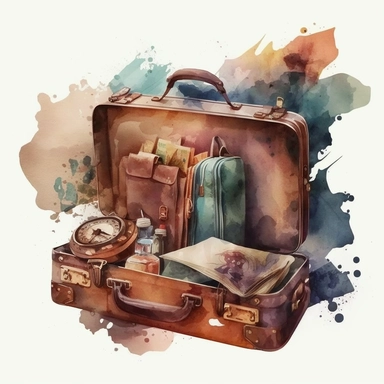 an open travel luggage. Watercolor clipart