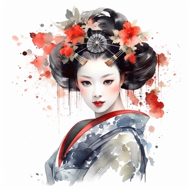 watercolor, white background, clipart, watercolor, white background, ultra-realistic and hyper-detailed clipart, 2d animation style, very beautiful confident Elegant geisha with a traditional hairstyle (shimada)
