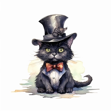 picturesque watercolor and ink style, black cat-bat hybrid with bat wings, bow tie and top hat, clipart on plain white background, Halloween vibes, super scary cute in high detail ultra precision 16k HD, clean crisp brushwork, painted by Beatrix Potter