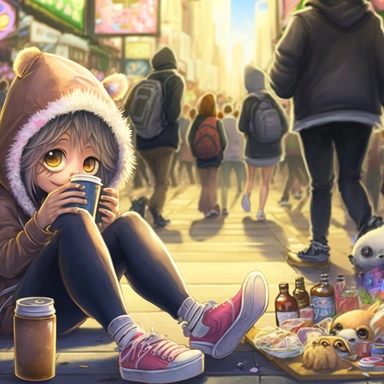 anthropomorphic Cute hooded female , fluffy fur and big eyes, long tail, wearing jeanz sitting in the middle of a crowded street, sunbathing, clip art, beer bottle by feet, sneakers shoes, anime,