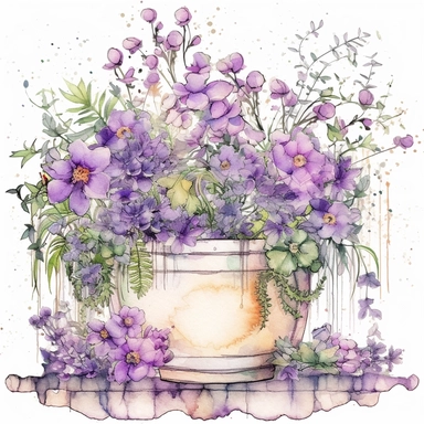a set of unique EFFERVESCENT watercolor style clip art images in purple and green flowers growing a flower box, other purple flowers growing around it, lavender flowers surrounded flower box, dreamy intricate designs, the setting must be a floral dream, a secret garden theme, including garden decorations with elements such as fantasy, fantasy-inspired floral patterns, The overall mood of the images should be a fantasy floral wonderland, with a focus on the beauty and fantasy of gardening, and th
