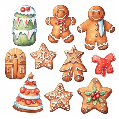 christmas theme clip art, white background, vibrant colours, watercolour, gingerbread cookies