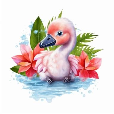 vibrant colored baby flamingo with beautiful frangipani flower, Valentine's Day, clipart, without text in the picture, white background, isolated on white, logo design