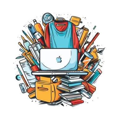 A clipart style representation of a company that uses laptops, computers, notepads, business tools, etc., T-shirt design graphic, vector, contour, white background
