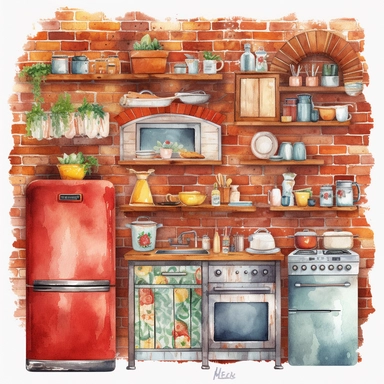 watercolor, hyper realistic, white background, white margins, 16k, ultra detailed clipart, cut out image, hand-drawn a vintage red brick wall kitchen with a retro refrigerator, colorful Fiesta ware dishes, and a charming farm sink. The color theme could be warm earthy tones like beige, rust, and deep red.