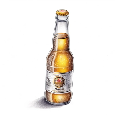 magazine editorial illustration, bottle of beer, white background, clip art