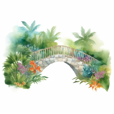 Illustrate a watercolor jungle bridge clipart spanning across a ravine or river, with lush tropical foliage and vibrant flowers on a white background. This picturesque design can be incorporated into various clipart compositions or used as a standalone decoration for adventure or journey-themed projects.