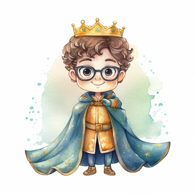 Clipart of a cute little king smilling. He is wearing a very fancy suit and a cute blue cape. He is brunette and curly hair and with green eyes. He is wearing cute glasses. Gold crown. The background is watercolour and sparkly. 4K