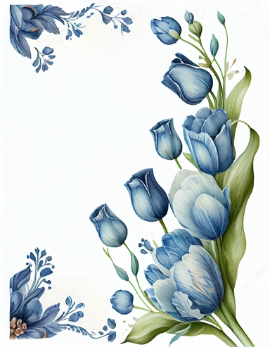 detailed watercolor blue tulip corner border , isolated on white background, realistic, clipart