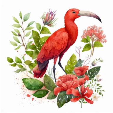 Watercolor scarlet ibis with flowers trees and leaves Clipart, white background