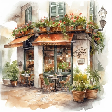 A vintage-style illustration of a bistro with outdoor seating and flower pots, watercolor illustration with photorealistic high details clipart, white background.