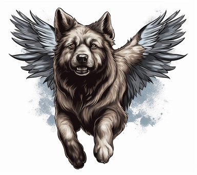 Flying Caucasian dog logo design, vector clip art illustration free download, grim realism style, Fang Lijun, cartoon realism, silver gray, uhd image, murals and murals, engraving