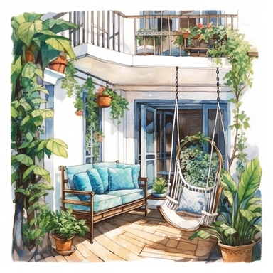 watercolor, hyper realistic, white background, white margins, 16k, ultra detailed clipart, cut out image, hand-drawn, whimsical manhwa style, ultra HD, sharp and clean art cozy balcony with a hanging swing chair, decorated with fairy lights and green plants,