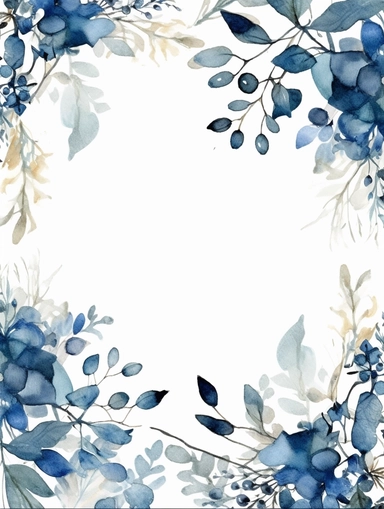 Square watercolor leaf frame, clipart, in the style of cottagecore, enchanting bloomcore, high resolution, joyful celebration of nature, white and blue