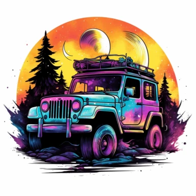 a jeep with colorful lights painted on it on a radiant background, in the style of vibrant jungle landscapes, detailed ink illustrations, mars ravelo, saturno butto, adventure pulp, white background, clip art