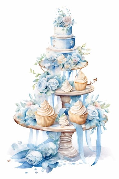 Watercolor wedding sweets blue stand, wedding clipart, simple, soft colors, cartoon elements, watercolor boho style, white transparent