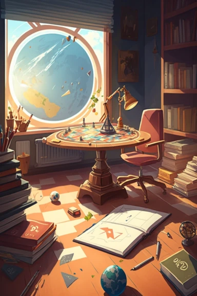 room, office, chess table, katra, globe, gun, books,book illustration style, by Digital-Vector-Illustration Jordan-Grimmer-Concept-Painting, watercolor clipart, hyperdetailed painting, beautiful scene, flat colors, 50mm, f1.4