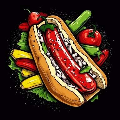 clip art of of a hot dog with banana peppers in black red yellow and white