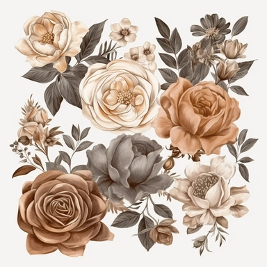 neutral brown Floral Clipart, roses, transparent background