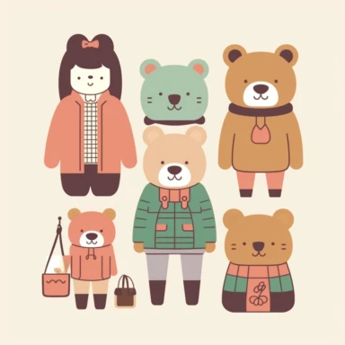 A modern, simplistic illustration showing a cute Teddy Bear with fashionistic human outfits in Cliparts in white background. The illustration should be in a playful flat design style. Make sure there is no use of shading, tone or texture. The illustration should have a simplified, streamlined appearance. The illustration should be well-suited for use in digital or print media, such as infographics.