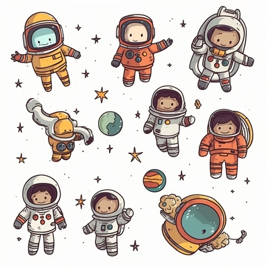 cute floating astronauts cliparts in hand drawn vector illustration on white background.