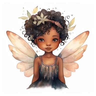 claudia tremblay style watercolor clipart high detail little chubby dark skinned watercolor fairy with beautiful wings on their back, pointy ears and soft colors