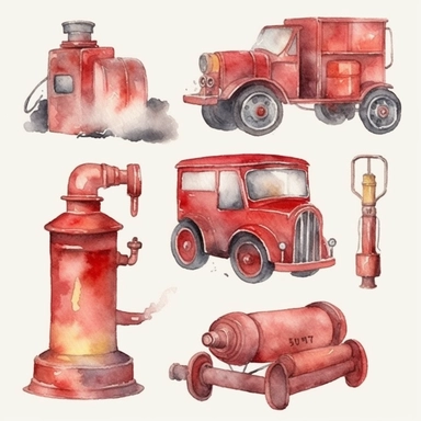Watercolor Firetruck Clipart - Fire Extinguisher - Fire Hydrant - Water - Fire Alarm - Axe - Fire