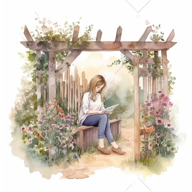 beautiful girl reading in a garden with floral fence, illustration for book lover, in the style of romantic academia, pretty, realistic watercolor paintings, transparent/translucent medium, natural colors, clipart, isolated on white background, pont-aven school, dusty piles, optical