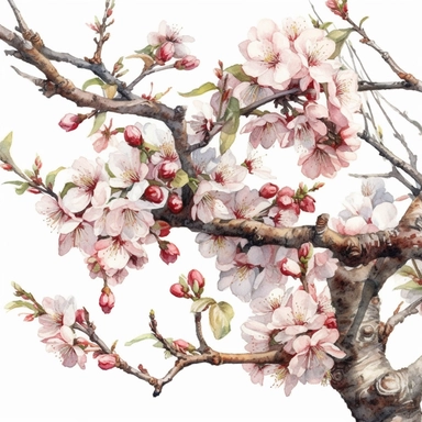 watercolour painting cherry blossom flowers close up clip art prunus cherry tree detailed flowers detailed bark and branches clipart on white background