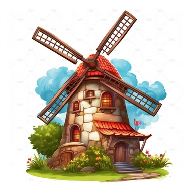 single clipart image png graphic of a Hyper Realistic Euphoric Vibrant Clipart Cute Farm Wind Mill Illustration
