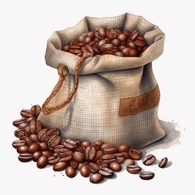a bag of coffee beans, realistic painting, watercolor, cliparts on white background