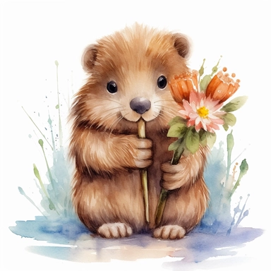 cute beaver holding a flower clipart watercolor, white backgorund