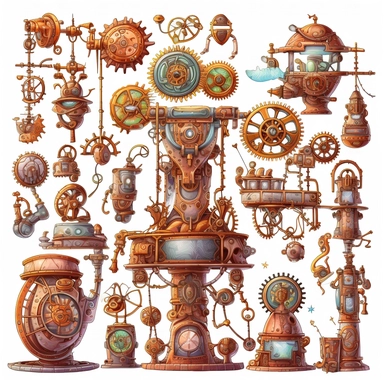 Clipart. White background: In a bustling workshop adorned with shelves of magical artifacts and complex machinery, a collection of whimsical steampunk contraptions takes center stage. Gears, cogs, and valves intertwine with enchanting symbols, infusing the mechanical devices with the power of magic. The foreground showcases the intricate details and fantastical designs of the contraptions, each one uniquely crafted and powered by the whimsical fusion of magic and steampunk aesthetics. The backgr