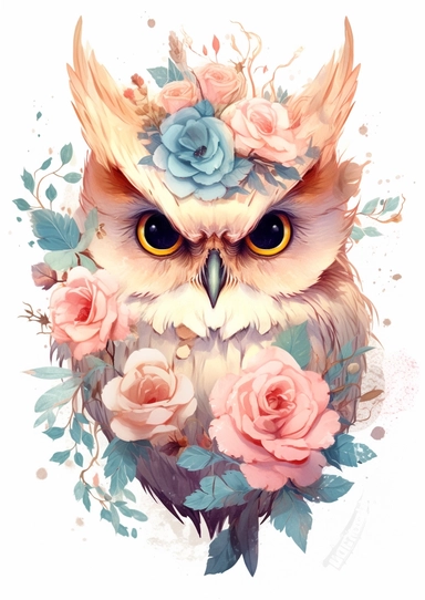 Cute Owl with gold rose clipart, in the style of pink and aquamarine, feminine portraiture, sparklecore, chinese painting, floral explosions, flickr, whimsical cartoon-style