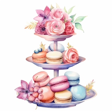 Clipart, Watercolor, Boho tier candy tray with cakes, cupcakes, macarrons and flowers, pastel color, hand-draw, texture