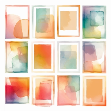 Nine abstract watercolor background vector clipart, in different light pastel colors, rectangle frame, hazy romanticism, free brushwork