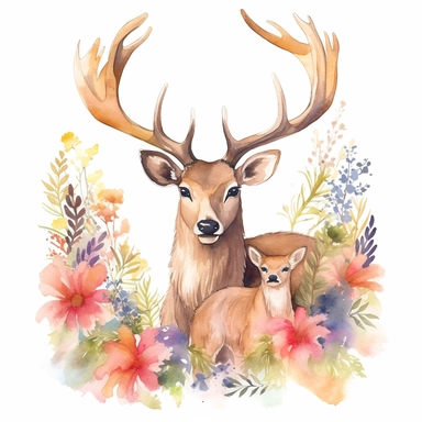 a delightful watercolor clipart image with a white background and vibrant colors, portraying a cute elk with its fawn, nestled together in a bed of wildflowers. The ultra-detailed, hand-drawn elements capture the nurturing and protective nature of the elk. Use shades of brown, green, and pink to create a visually appealing and heartwarming image that conveys the love and bond between the elk and its young.