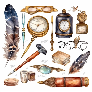 watercolour clip art. Collection of golden vintage accessories and antique objects. Old keys, clock, loupe, compass, ink feather pen, scissors, glasses isolated on white background