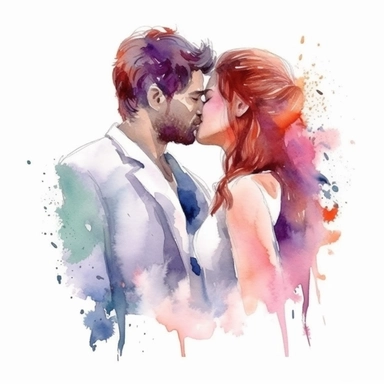 Artistic cute wedding illustrations clipart, newlyweds, on a white background, vibrant color watercolors, husband and wife on their wedding day, love, realistic watercolor painting style