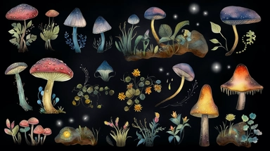 detailed watercolour elements, enchanted forest, clip art sheet, elements should not touch, leave room around margin, black background