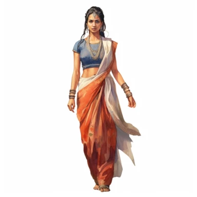 watercolor style, full body view, beautiful woman from India wearing traditional clothes, very detailed, realistic, clipart, isolated on white background, 4K